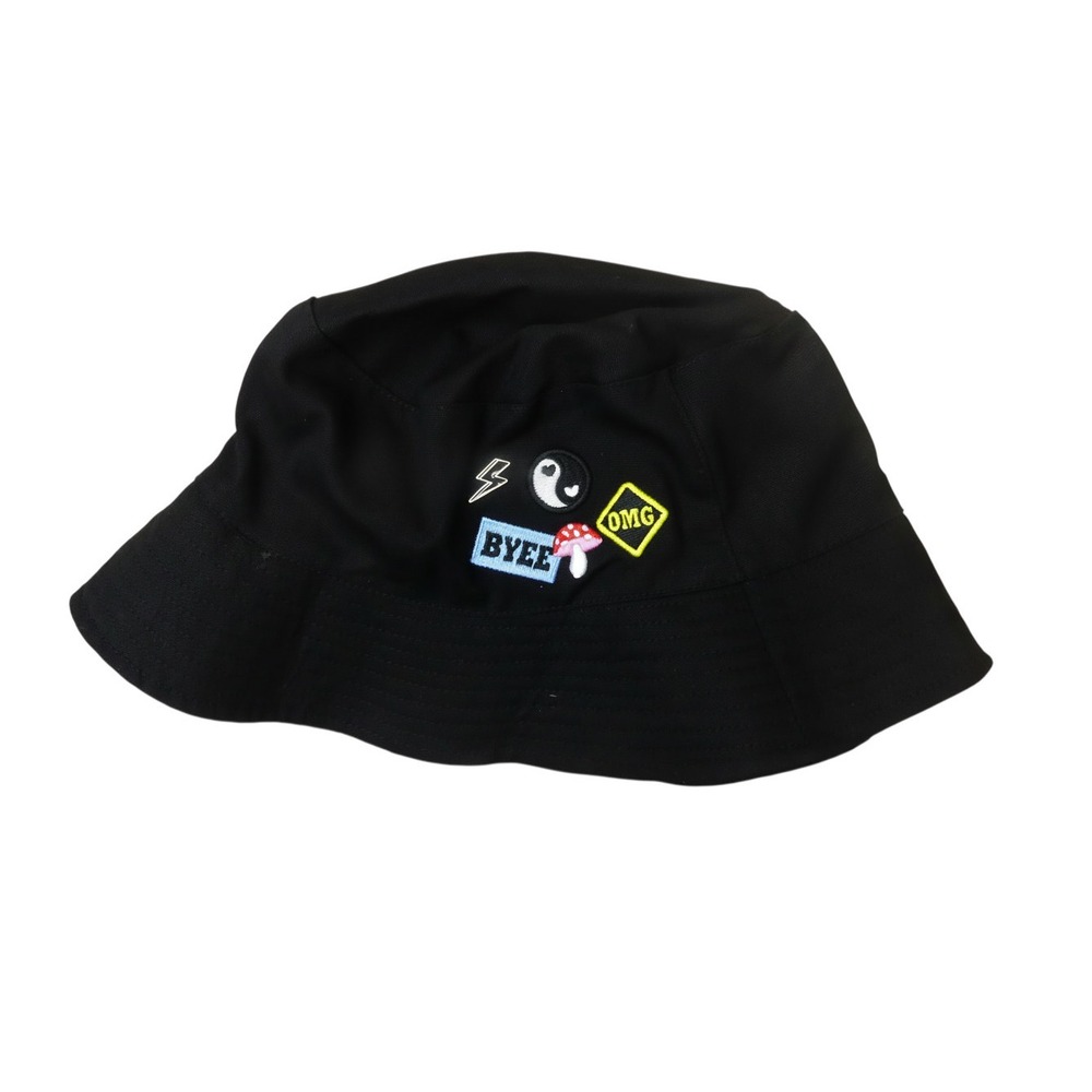 Claire's Bucket Hat Girls OS Black New Embroidered Patches Yin Yang Mushroom
